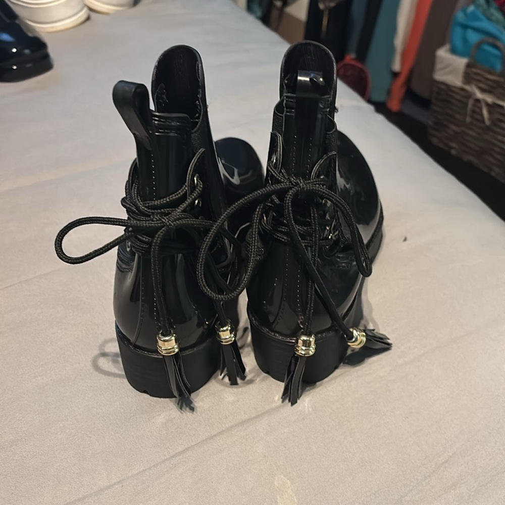 Black Ankle Rain Boots with Tassel Detail - Picture 2 of 2